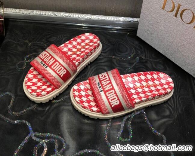 Good Quality Dior Dway Slide Sandals in Red Cotton Embroidery with Micro Houndstooth 121527