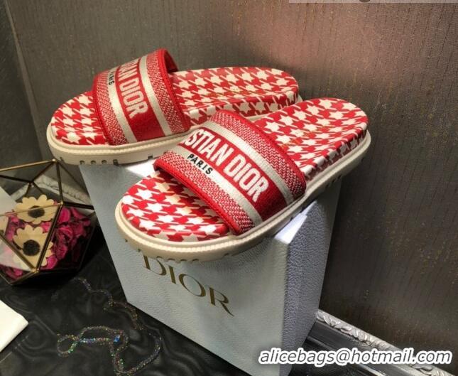 Good Quality Dior Dway Slide Sandals in Red Cotton Embroidery with Micro Houndstooth 121527