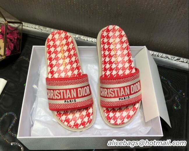 Good Quality Dior Dway Slide Sandals in Red Cotton Embroidery with Micro Houndstooth 121527