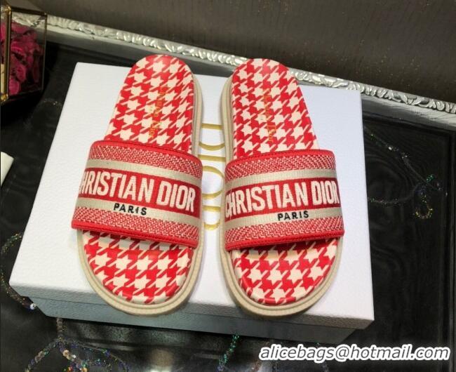 Good Quality Dior Dway Slide Sandals in Red Cotton Embroidery with Micro Houndstooth 121527