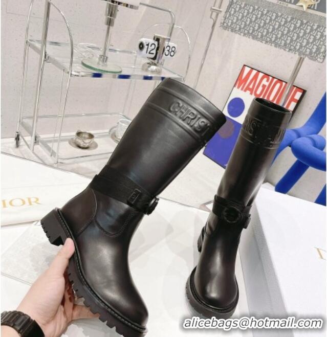 Low Price Dior D-Major Calf-High Boots in Black Embossed Calfskin 121528