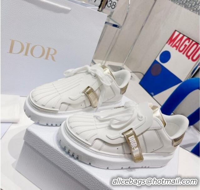 Good Product Dior DIOR-ID Sneakers in White Calfskin and Gold-Tone Laminate 121532