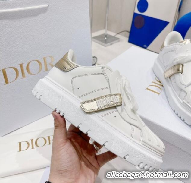 Good Product Dior DIOR-ID Sneakers in White Calfskin and Gold-Tone Laminate 121532