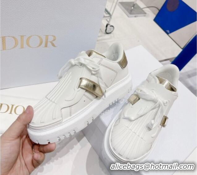 Good Product Dior DIOR-ID Sneakers in White Calfskin and Gold-Tone Laminate 121532