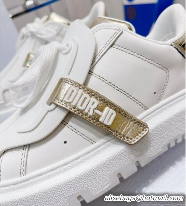 Good Product Dior DIOR-ID Sneakers in White Calfskin and Gold-Tone Laminate 121532