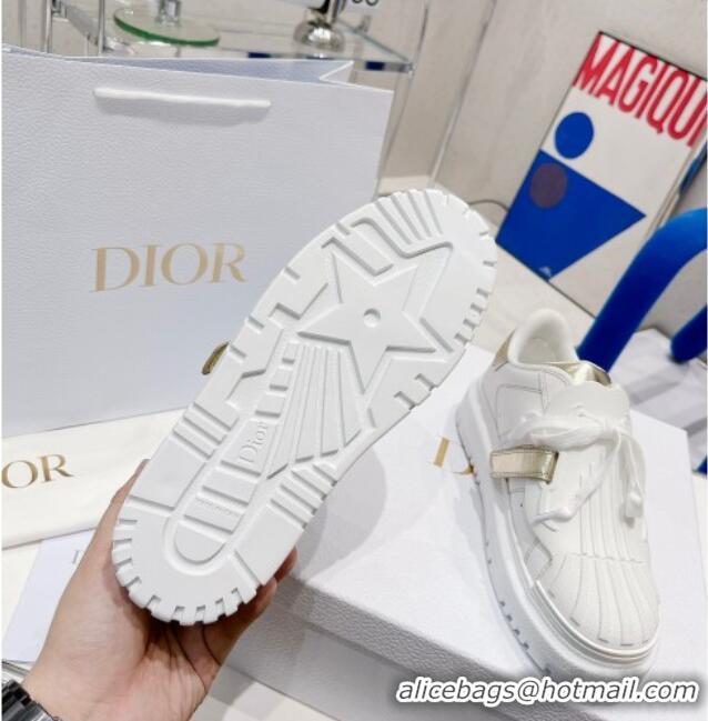 Good Product Dior DIOR-ID Sneakers in White Calfskin and Gold-Tone Laminate 121532