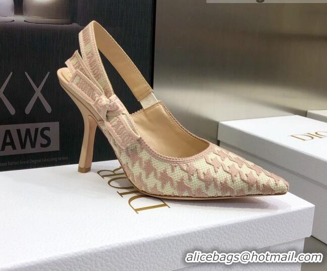 Top Quality Dior J'Adior Slingback Pumps 9.5cm in Cotton Embroidery with Micro Houndstooth Light Pink 121537