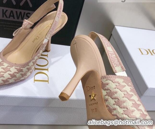 Top Quality Dior J'Adior Slingback Pumps 9.5cm in Cotton Embroidery with Micro Houndstooth Light Pink 121537