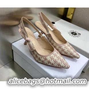 Best Luxury Dior J'Adior Slingback Pumps 6.5cm in Cotton Embroidery with Micro Houndstooth Light Pink 121538