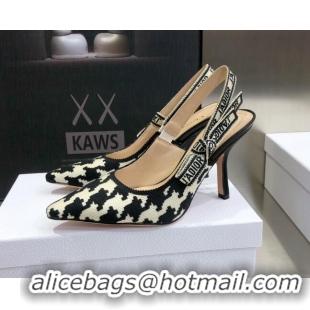 Low Cost Dior J'Adior Slingback Pumps 9.5cm in Cotton Embroidery with Micro Houndstooth 121540 Black/White