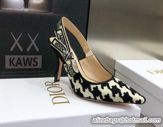 Low Cost Dior J'Adior Slingback Pumps 9.5cm in Cotton Embroidery with Micro Houndstooth 121540 Black/White