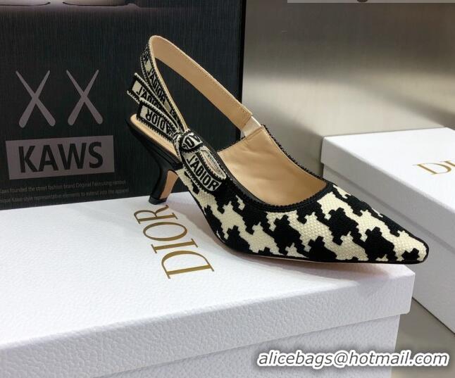 Super Quality Dior J'Adior Slingback Pumps 6.5cm in Cotton Embroidery with Micro Houndstooth 121541 Black/White