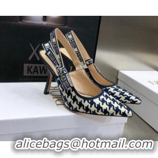 Top Quality Dior J'Adior Slingback Pumps 9.5cm in Cotton Embroidery with Micro Houndstooth Deep Blue/White 121543