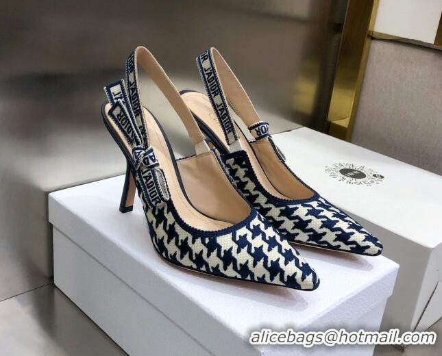 Top Quality Dior J'Adior Slingback Pumps 9.5cm in Cotton Embroidery with Micro Houndstooth Deep Blue/White 121543