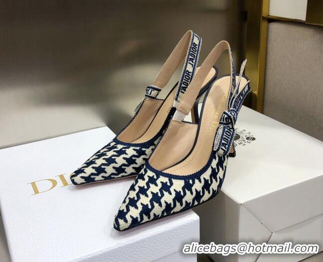 Top Quality Dior J'Adior Slingback Pumps 9.5cm in Cotton Embroidery with Micro Houndstooth Deep Blue/White 121543