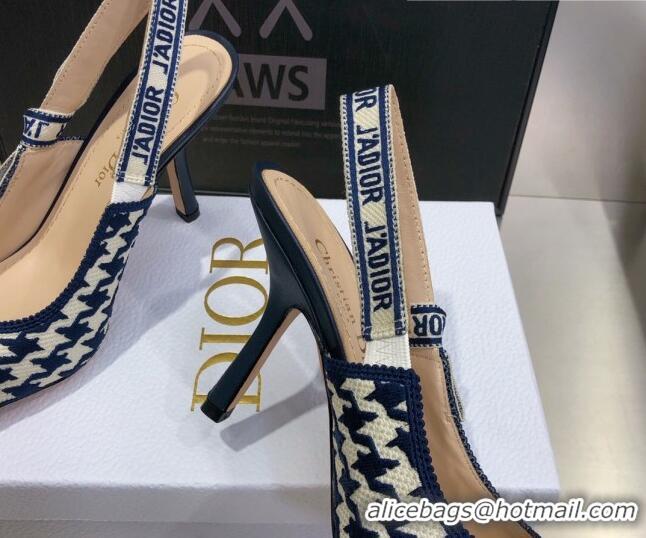 Top Quality Dior J'Adior Slingback Pumps 9.5cm in Cotton Embroidery with Micro Houndstooth Deep Blue/White 121543