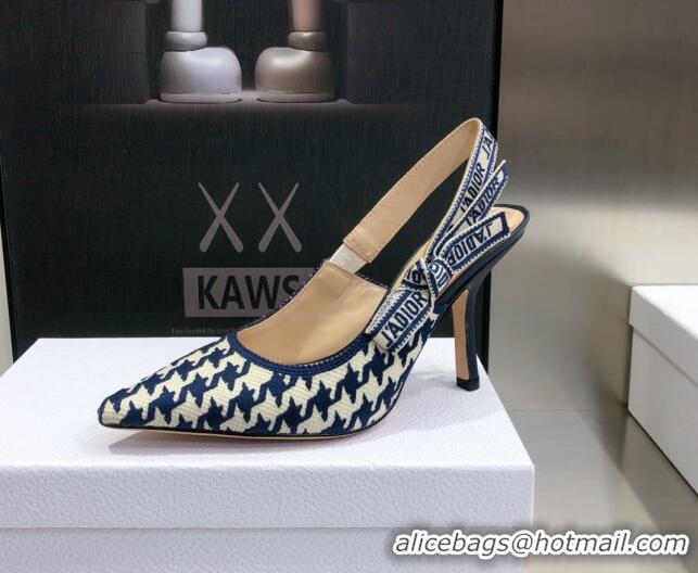 Top Quality Dior J'Adior Slingback Pumps 9.5cm in Cotton Embroidery with Micro Houndstooth Deep Blue/White 121543