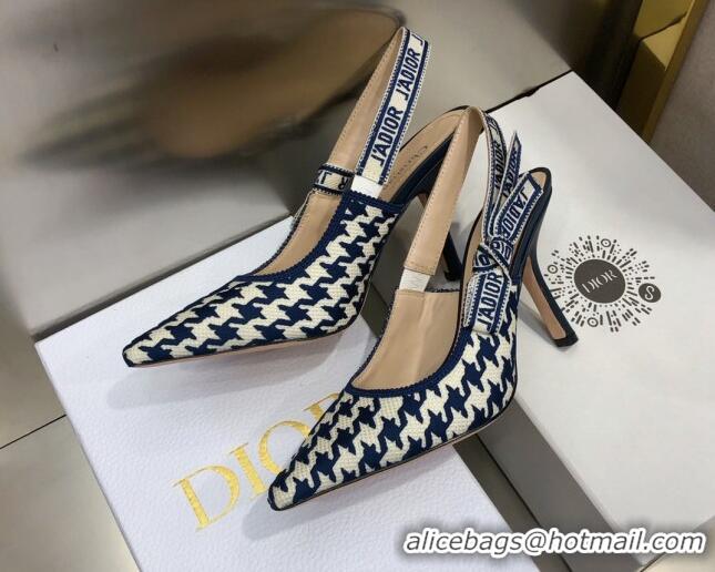 Top Quality Dior J'Adior Slingback Pumps 9.5cm in Cotton Embroidery with Micro Houndstooth Deep Blue/White 121543