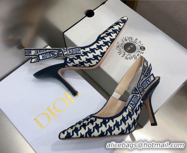 Top Quality Dior J'Adior Slingback Pumps 9.5cm in Cotton Embroidery with Micro Houndstooth Deep Blue/White 121543