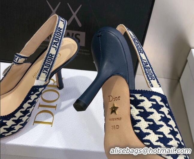 Top Quality Dior J'Adior Slingback Pumps 9.5cm in Cotton Embroidery with Micro Houndstooth Deep Blue/White 121543