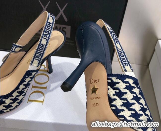 Custom Dior J'Adior Slingback Pumps 6.5cm in Cotton Embroidery with Micro Houndstooth Deep Blue/White 121544