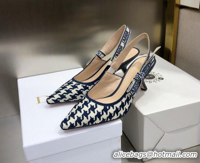 Custom Dior J'Adior Slingback Pumps 6.5cm in Cotton Embroidery with Micro Houndstooth Deep Blue/White 121544