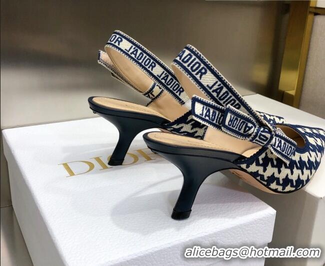 Custom Dior J'Adior Slingback Pumps 6.5cm in Cotton Embroidery with Micro Houndstooth Deep Blue/White 121544