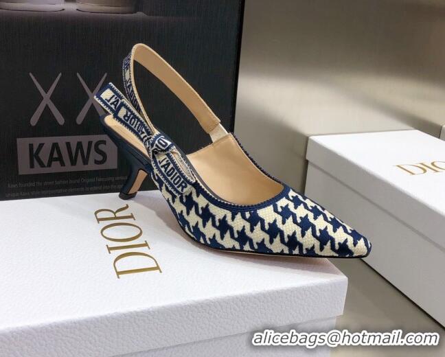 Custom Dior J'Adior Slingback Pumps 6.5cm in Cotton Embroidery with Micro Houndstooth Deep Blue/White 121544