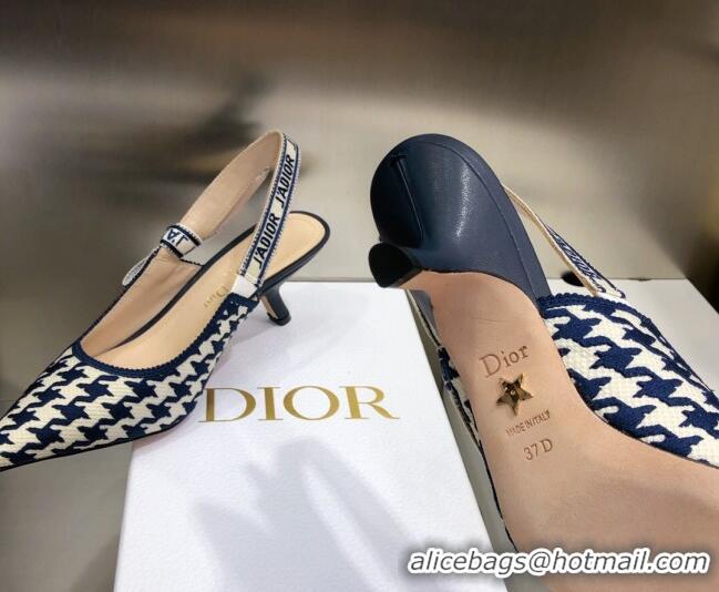 Custom Dior J'Adior Slingback Pumps 6.5cm in Cotton Embroidery with Micro Houndstooth Deep Blue/White 121544