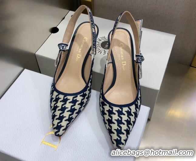 Custom Dior J'Adior Slingback Pumps 6.5cm in Cotton Embroidery with Micro Houndstooth Deep Blue/White 121544