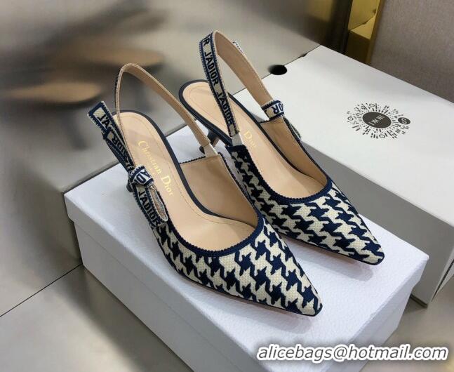 Custom Dior J'Adior Slingback Pumps 6.5cm in Cotton Embroidery with Micro Houndstooth Deep Blue/White 121544