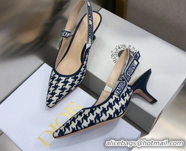 Custom Dior J'Adior Slingback Pumps 6.5cm in Cotton Embroidery with Micro Houndstooth Deep Blue/White 121544