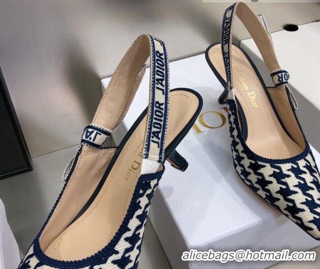 Custom Dior J'Adior Slingback Pumps 6.5cm in Cotton Embroidery with Micro Houndstooth Deep Blue/White 121544