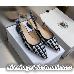 Low Cost Dior J'Adior Slingback Ballerina Flat in Cotton Embroidery with Micro Houndstooth Deep Blue/White 121545