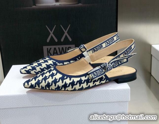 Low Cost Dior J'Adior Slingback Ballerina Flat in Cotton Embroidery with Micro Houndstooth Deep Blue/White 121545