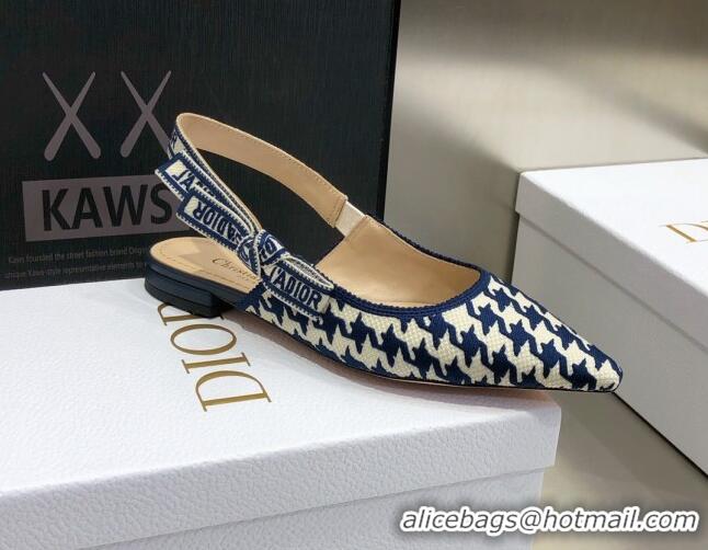 Low Cost Dior J'Adior Slingback Ballerina Flat in Cotton Embroidery with Micro Houndstooth Deep Blue/White 121545