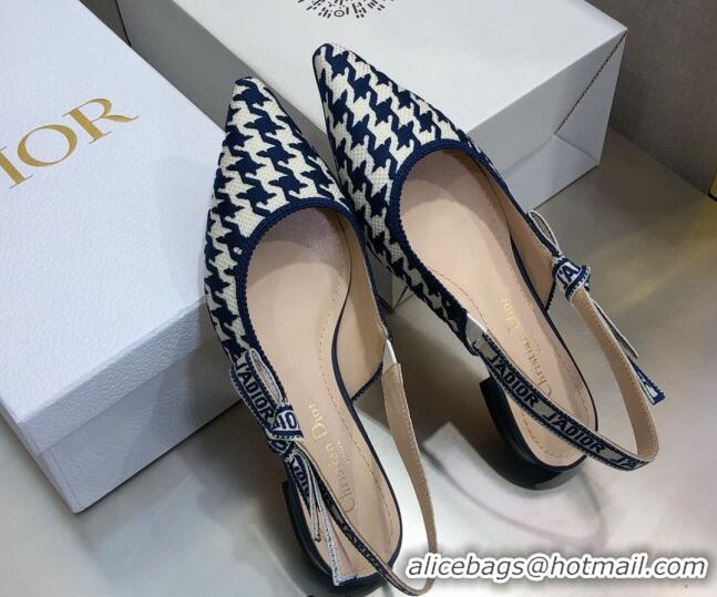 Low Cost Dior J'Adior Slingback Ballerina Flat in Cotton Embroidery with Micro Houndstooth Deep Blue/White 121545