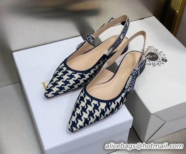 Low Cost Dior J'Adior Slingback Ballerina Flat in Cotton Embroidery with Micro Houndstooth Deep Blue/White 121545