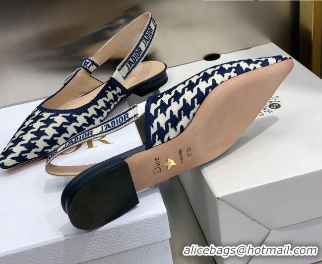 Low Cost Dior J'Adior Slingback Ballerina Flat in Cotton Embroidery with Micro Houndstooth Deep Blue/White 121545