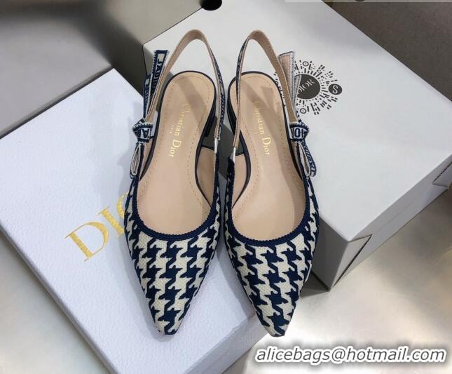 Low Cost Dior J'Adior Slingback Ballerina Flat in Cotton Embroidery with Micro Houndstooth Deep Blue/White 121545