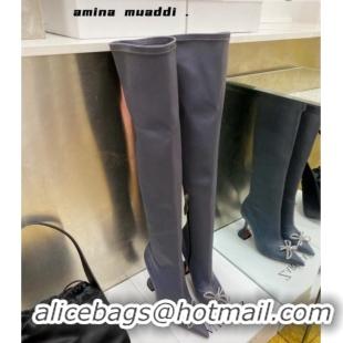 Grade Design Amina Muaddi Lycra Over-Knee High Boots 9.5cm with Crystal Bow Storm Grey 111221