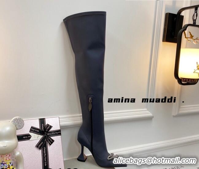 Grade Design Amina Muaddi Lycra Over-Knee High Boots 9.5cm with Crystal Bow Storm Grey 111221