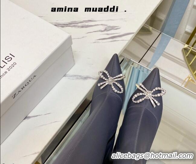 Grade Design Amina Muaddi Lycra Over-Knee High Boots 9.5cm with Crystal Bow Storm Grey 111221