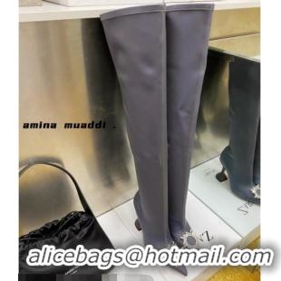 Low Price Amina Muaddi Lycra Over-Knee High Boots 9.5cm with Crystal Charm Storm Grey 111222