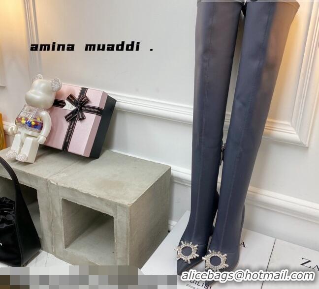 Low Price Amina Muaddi Lycra Over-Knee High Boots 9.5cm with Crystal Charm Storm Grey 111222