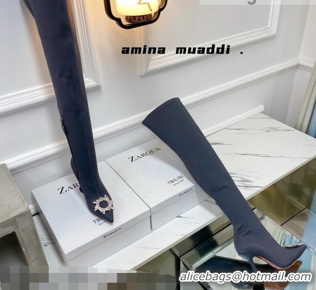 Low Price Amina Muaddi Lycra Over-Knee High Boots 9.5cm with Crystal Charm Storm Grey 111222