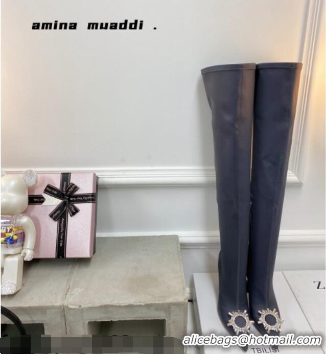 Low Price Amina Muaddi Lycra Over-Knee High Boots 9.5cm with Crystal Charm Storm Grey 111222