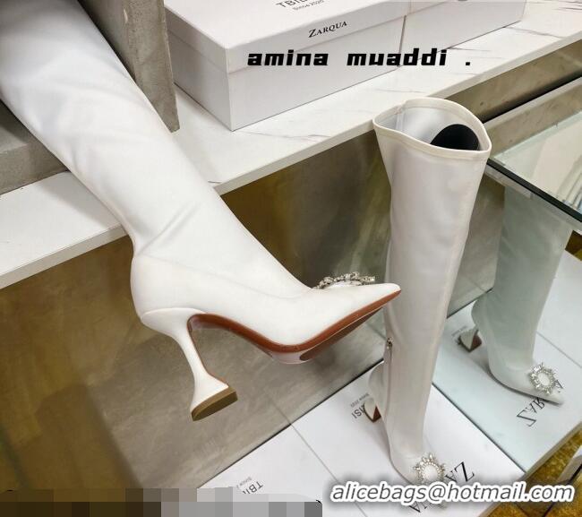 Low Price Amina Muaddi Lycra Over-Knee High Boots 9.5cm with Crystal Charm White 111223