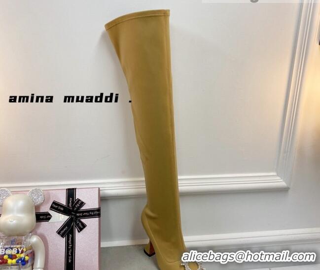 Affordable Price Amina Muaddi Lycra Over-Knee High Boots 9.5cm with Crystal Charm 111223 Yellow