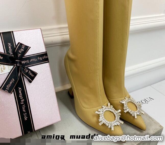 Affordable Price Amina Muaddi Lycra Over-Knee High Boots 9.5cm with Crystal Charm 111223 Yellow